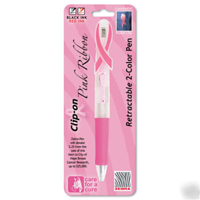 Zebra pink ribbon 2 color clip-on retractable pen