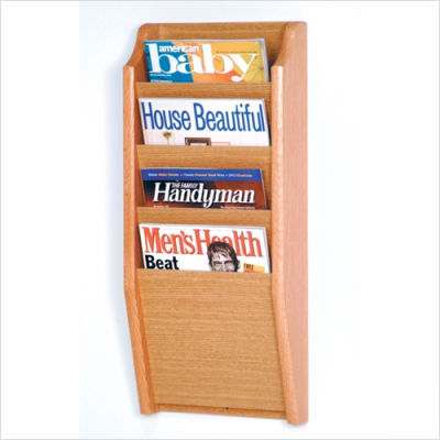 Four pocket wall mount magazine rack wood light oak