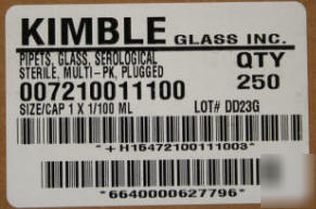 Kimble 72100 11100 disposable serological pipets, glass