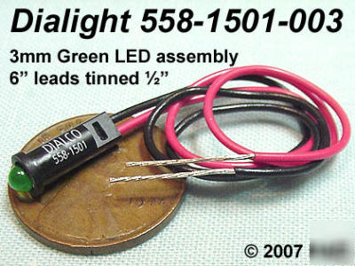 (10) wired panel mount led 3MM green snap-in - 6