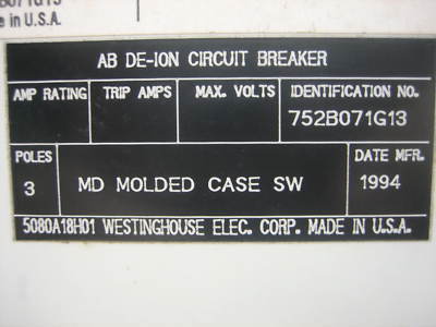 Westinghouse molded case switch MD3800WK 800 amp a 800A