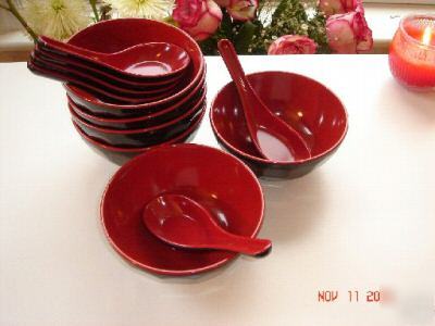 6 japanese lacquer miso soup bowls 6 spoons red/black