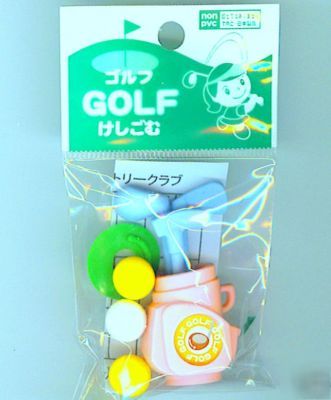 Iwako eraser, pink golf bag with 3 clubs and 2 balls