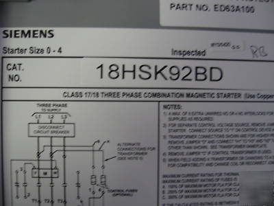 Siemens size 3 combination starter and circuit breaker