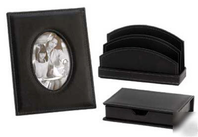 Black faux leather picture frame office desk set 