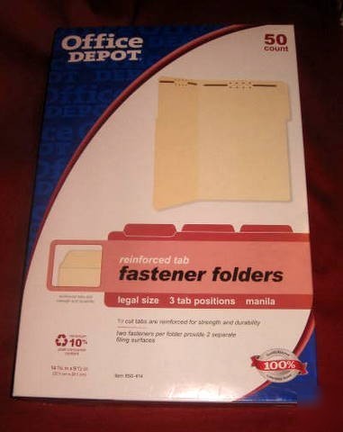 Fastener folders 50 legal manila 1/3 tab reinforced