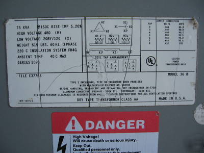 75 kva transformer pri 480V sec 208Y/120 3 ph dry type