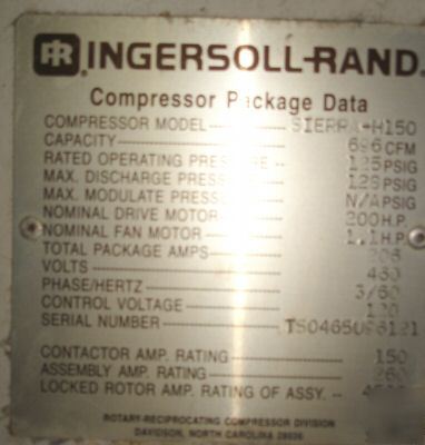 Used air compressor, ingersoll-rand 150 hp sierra H150
