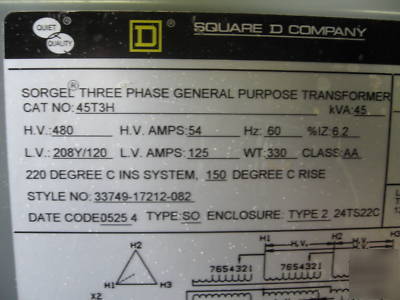 45 kva transformer pri 480V sec 208Y/120 3 ph dry type