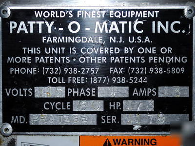 Patty-o-matic protege #1179 automatic patty machine 