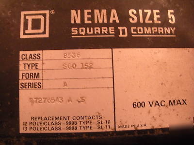 Square d 8536 nema size 5 motor starter w/ aux.