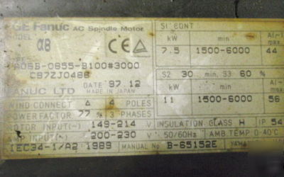 Fanuc A06B-0855-B100#3000 ac cnc spindle servo motor 