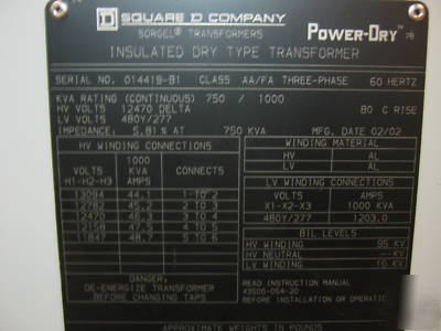 Square d transformer 750/1000 kva 12470 d/ lv 480/277
