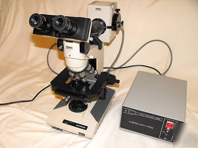 Olympus bhtu fluorescence microscope with 5 plan obj.