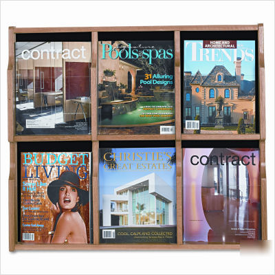 Six-pocket wood magazine display, 29 1/4X26, light oak