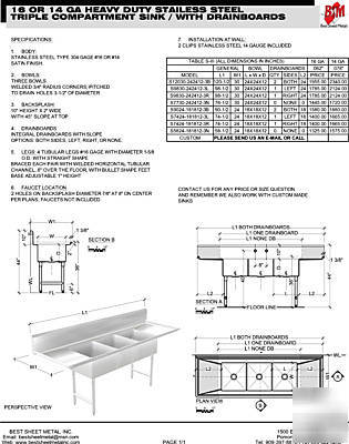 Sink 3 compartment nsf approved heavy duty 14GA, l size