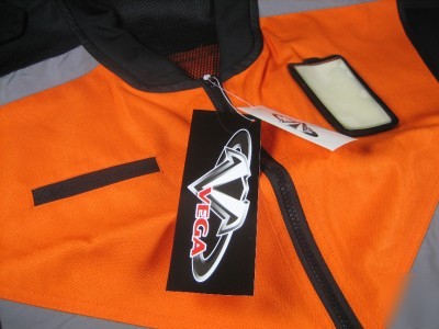 New safety vest, orange w/reflective strips, pockets, 