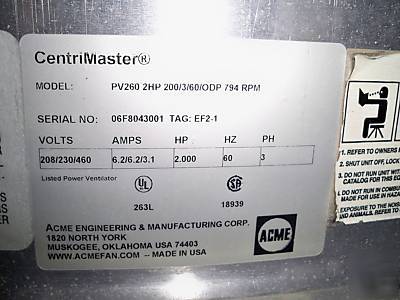 Centrimaster PV260 2HP exhaust/hood ventilation system 