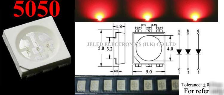 100 pcs plcc-6 5050 3-chips power smd 5500MCD red led 