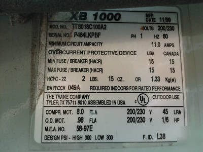 Trane air conditioner xb 100 model: TTB018C100A2