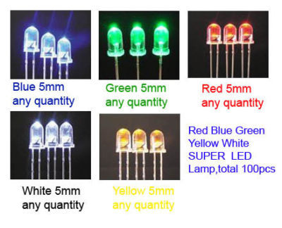 100 x 5MM red blue green yellow white led & resistors