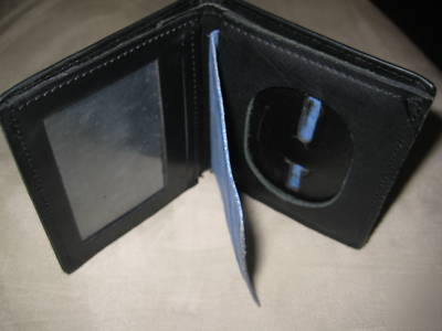 Used strong leather badge holder id wallet plain black 