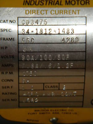 Baldor CD3475,.75HP,1750RPM,dc,56C,3428D,tefc,F1, motor