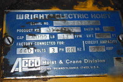 Wright speedway overhead lifting hoist electric 4000 #
