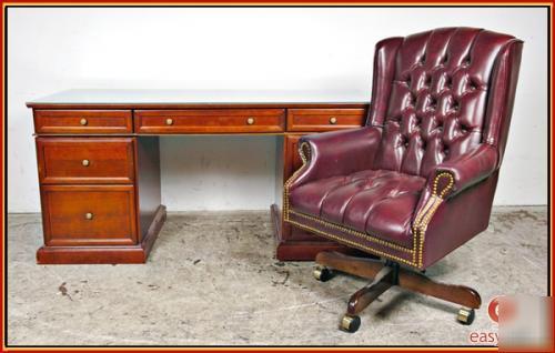Cherry finish glass top executive desk + leather chair