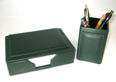 Genuine leather memo box & pen/pencil cup, forest green