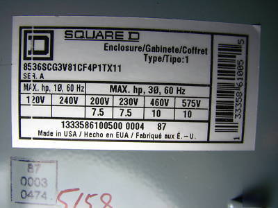 New square d starter enclosure 60A w/transformer 815E