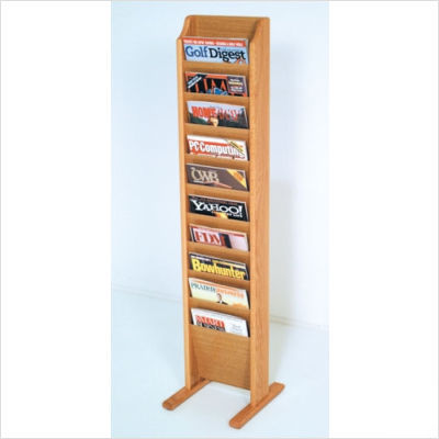 Free standing ten pocket magazine rack wood medium oak