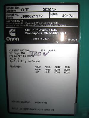 Onan 225 a amp ot 225 transfer switch 480V 3PH 4W OT225