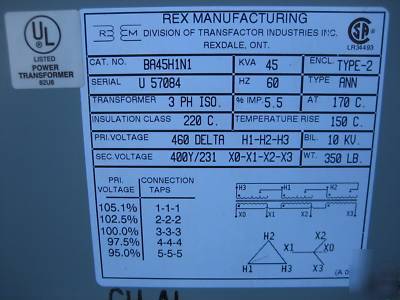 New rex transformer 45 kva 460/400Y/231 v 45KVA 400 y 