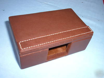 Lunt brown leather desk set note pad business card box