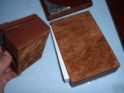 Lunt brown leather desk set note pad business card box