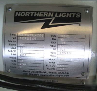 Northern lights generator 99 kw, 60 hz, 3PH, 1800 rpm