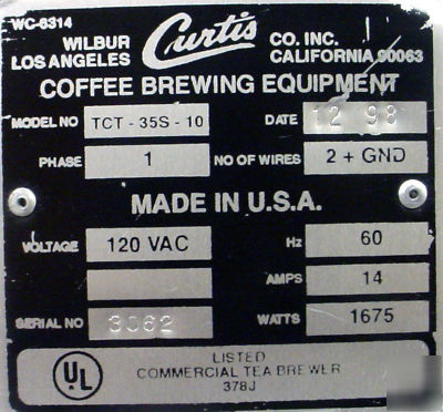 Wilbur curtis tct 3 gallon iced tea brewer w/dispenser