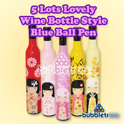 5 lots lovely wine bottle style blue ball pen