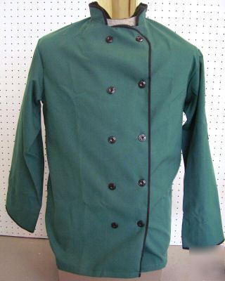 Green chef coat black piping & buttons pk size (f)