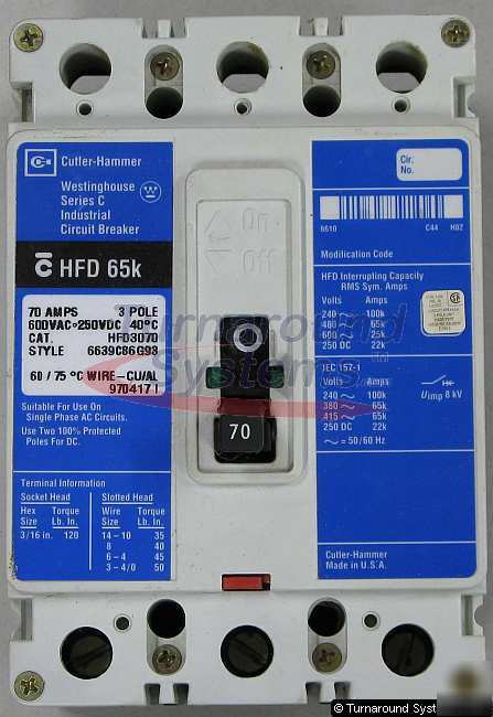 Cutler-hammer HFD3070 circuit breaker, 70 amp, 65 kaic
