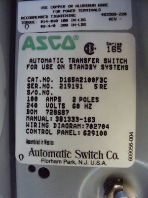 Asco 100 amp ats model 165, used, perfect working order