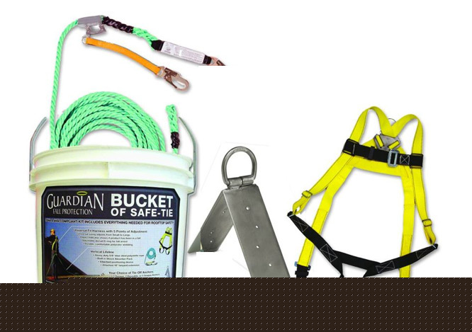 Fall protection kit with bucket harness lanyard anchor
