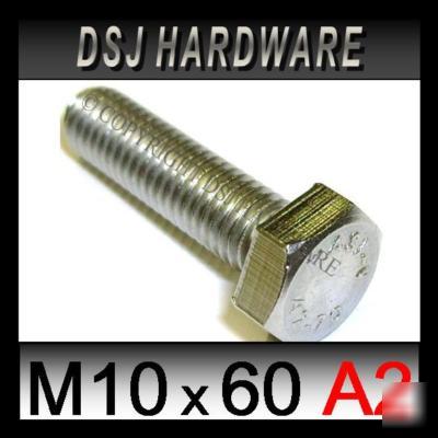 M10 x 60 A2 stainless hexagon setscrew bolts qty:4