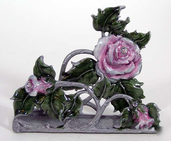 New pink roses jeweled pewter desk business card holder 