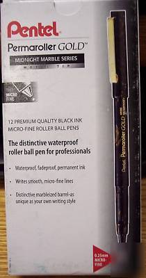 (12) pentel permaroller gold micro fine black .25MM pen