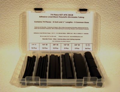 74 pcs kit black 3:1 adhesive lined heat shrink tubing