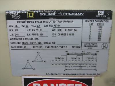 Square d transformer 75 kva 480/240 v 75KVA 3 ph delta