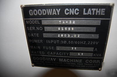 Goodway ta-32 2003 cnc lathe 220V fanuc 0-td controller