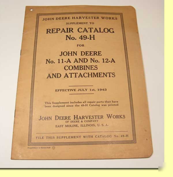 1943 deere repair catalog 49-h supplement for 11-a 
